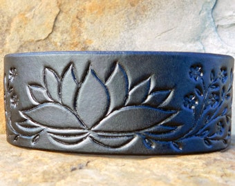 Sarah's Artistry, Leather Cuff Bracelet, Wide, Lotus Flower and Floral Vine, Black or Brown Gift for her, Women Girls, 3rd Anniversary, Snap