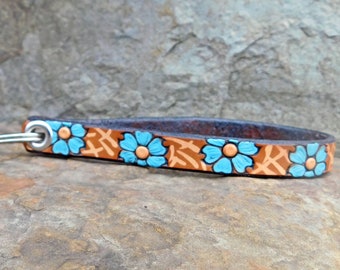 Personalize Leather Wristlet Keychain 3rd Anniversary gift Custom Turquoise Leather Keychain Wristlet Gift for Her Monogram Wristlet Loop