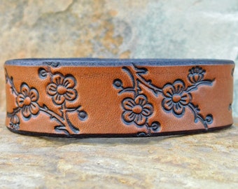 Womens Cherry Blossom Leather Cuff Bracelet, Plum Blossom Wide Leather Bracelet Wrap Womens Custom Cuff, Cherry Tree Branch, Gift for Her