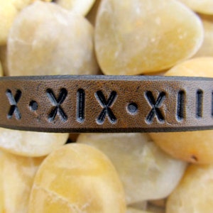 Roman Numerals Leather Bracelet Cuff, Mens Womens Personalized Couples Jewelry, 3rd Anniversary, Roman Numerals, Gift for Her, Gift for Him