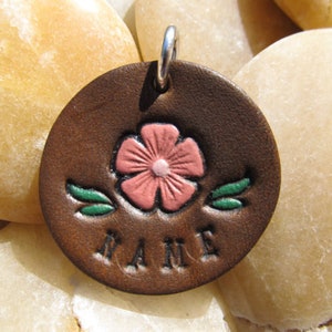 1 1/4 inch Round Pet ID Tag - Personalized Name and or Number - Custom Hand Painted and Tooled - Flower - Brown - Female