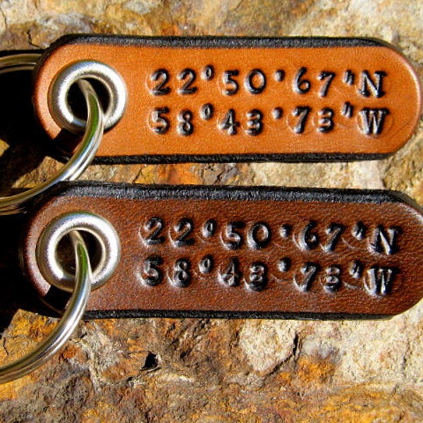 Custom Coordinates Longitude Latitude Keychain leather SET OF 2 tag key fob - Secret Favorite Location - 3rd Anniversary Wedding Gift - GPS