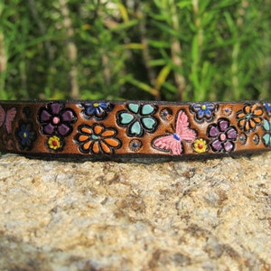 Leather Bracelet for Women, Womens leather cuff bracelet, Custom Leather Wristband, 3rd Anniversary Gift Colorful Petite Flowers Butterflies image 1