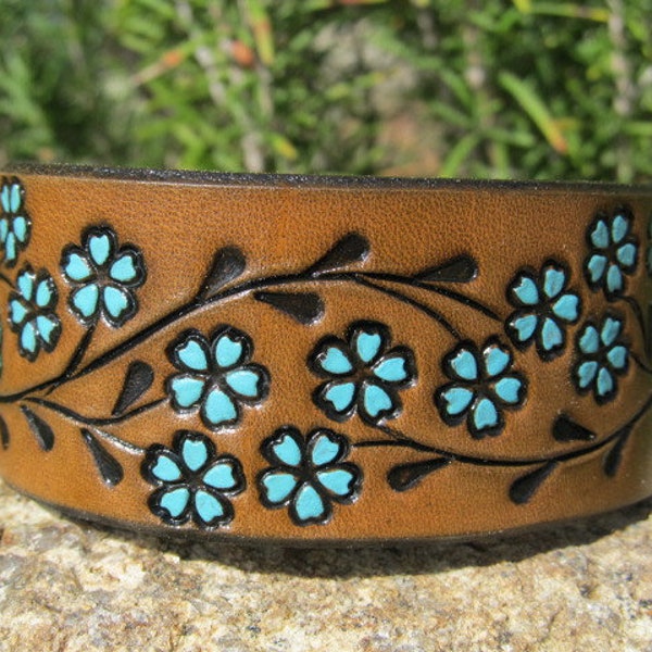 Turquoise Leather Cuff Bracelet Custom Fit, Bracelet for Women, Gift for Her, Anniversary Birthday Floral Vine, Wide Rustic Cuff for Women