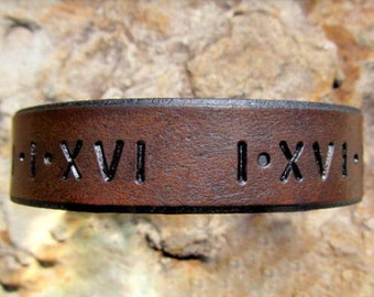 Customized Leather Roman Numeral Bracelet, Personalized Mens, Personalized Womens, 3rd Anniversary Gift, Roman Numeral, Gift For Him or Her