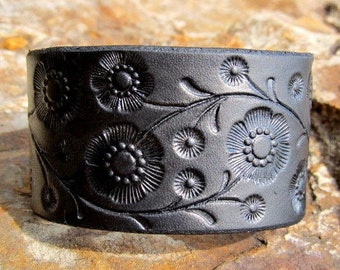 Leather Cuff Bracelet Custom Fit, Bracelet for Women, Gift for Her, Anniversary Birthday Bridesmaid Floral Vine, Wide Rustic Cuff for Women