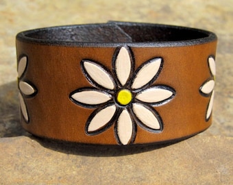 Leather Bracelet for Women, Wide Daisy Cuff, Womens leather bracelet, Leather Wristband Bracelet Women, Gift for Her, 3rd Anniversary Gift