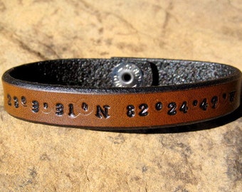 Personalized Leather Bracelet, Latitude Longitude, Custom Coordinates, Mens Womens Engraved Cuff, 3rd Anniversary Gift, Couples Jewelry Date