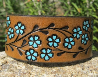 Turquoise Leather Cuff Bracelet Custom Fit, Bracelet for Women, Gift for Her, Anniversary Birthday Floral Vine, Wide Rustic Cuff for Women