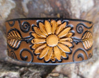 Leather Bracelet for Women, Wide Daisy Cuff, Womens leather bracelet, Leather Wristband Bracelet Women, Gift for Her, 3rd Anniversary Gift