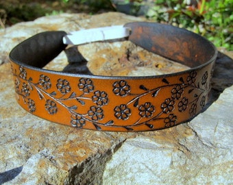 Leather Headband Hand Stamped - Floral Trailing Vine - Women Boho Hair Wrap Comfortable everyday gift for her customized leather headband