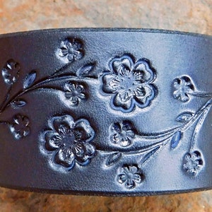 Sarah's Artistry, Hand Painted Tooled Leather Cuff Bracelet, Wide, Cherry Blossom Floral Vine, Gift for Women Girls, 3rd Anniversary, Snap image 6
