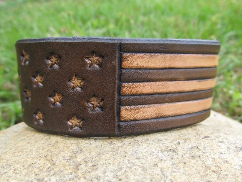 Personalized Custom Leather Bracelet Cuff, Military Gift, American Flag, 1 1/4 inch wide, Patriotic Military, Men Women, Gift for Him or Her image 4