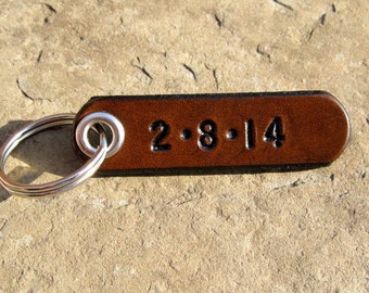 Leather Keychain Date or Latitude Longitude Custom Coordinates GPS Personalized 3rd Anniversary Wedding Grooms Birthday Gift - Mens Womens