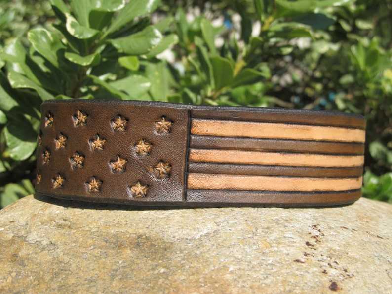 Personalized Custom Leather Bracelet Cuff, Military Gift, American Flag, 1 1/4 inch wide, Patriotic Military, Men Women, Gift for Him or Her image 1