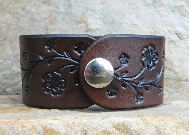 Sarah's Artistry, Hand Painted Tooled Leather Cuff Bracelet, Wide, Cherry Blossom Floral Vine, Gift for Women Girls, 3rd Anniversary, Snap image 3
