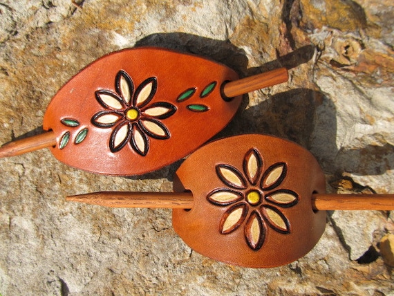 Handpainted Leather Hair Barrettes Hand Painted Leather Hair Barrette: Iridescent Raven With  main image 2