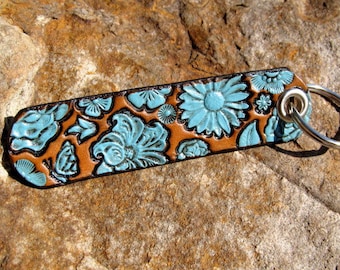 Personalized Custom Womens Leather Keychain Floral Daisy Garden 3rd Anniversary Wedding Birthday Gift Hand Painted Stamped Metal Hardware