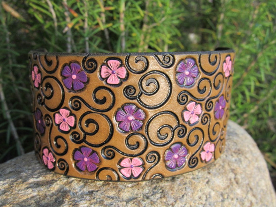 Leather Bracelet for Women Wide Scroll Flower Womens Leather | Etsy