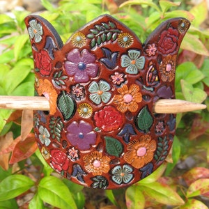 Hand Painted Tooled Leather Hair Barrette with stick - Flowers on a Flower