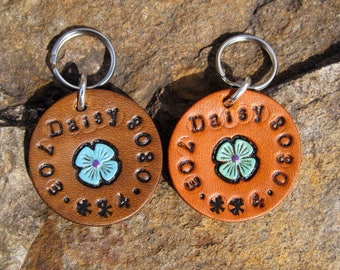 Personalized Leather ID Pet Dog Cat Tag 1 1/4 inch Identification Name Number Custom Painted Label - Flower Female Dog Collar or Cat Collar