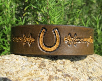 Hand Painted Tooled Leather Cuff Bracelet - 1 inch wide - Horse Shoe and Barbed Wire - Men Women Boy Girl Kids Children