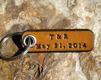 Initials & Special Date - Longitude Latitude Keychain Custom Personalized leather tag key - Anniversary gift - GPS Coordinates