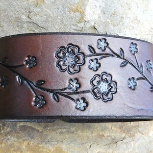 Sarah's Artistry, Hand Painted Tooled Leather Cuff Bracelet, Wide, Cherry Blossom Floral Vine, Gift for Women Girls, 3rd Anniversary, Snap image 2