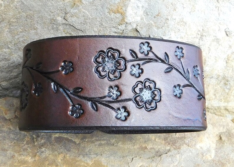 Sarah's Artistry, Hand Painted Tooled Leather Cuff Bracelet, Wide, Cherry Blossom Floral Vine, Gift for Women Girls, 3rd Anniversary, Snap image 2