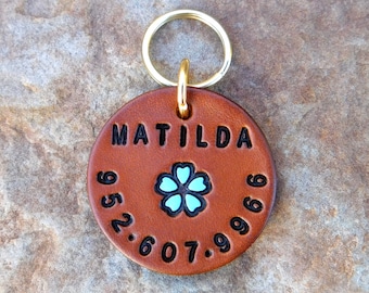 Custom Silent Leather Dog Cat Pet ID Tag, Personalized Name and or Number 1 1/4 inch Round Custom Teal 5 Petal Flower or choice, Male Female