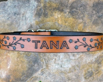Personalized Leather Dog Collar, Custom Leather Dog Collar, Handmade Personalized Gift, Flower Vine, Personalized Collar, Free Name Number