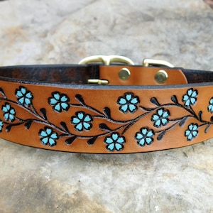 Leather Dog Collar Turquoise Floral Vine, 1 inch Dog Collar, Personalized Custom, Handmade Dog Collar, Custom Collar Female Large Medium Pet