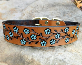 Leather Dog Collar Turquoise Floral Vine, 1 inch Dog Collar, Personalized Custom, Handmade Dog Collar, Custom Collar Female Large Medium Pet