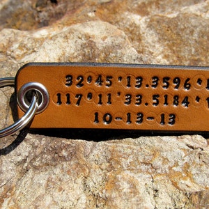 Longitude Latitude Leather Keychain Custom GPS Coordinates - Personalized - 3rd Anniversary Wedding Groomsmen Birthday Gift - Mens Womens