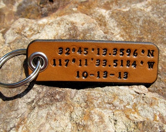 Longitude Latitude Leather Keychain Custom GPS Coordinates - Personalized - 3rd Anniversary Wedding Groomsmen Birthday Gift - Mens Womens