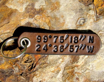 Custom Coordinates Longitude Latitude Keychain leather tag key fob - Secret Places - Favorite Location GPS - Wedding 3rd Anniversary Gift