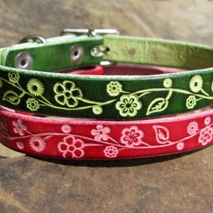 Thin Leather Collar - Female Cat or Dog - One Adjustable Custom Collar - Multiple Color Choices - 1/2 Inch Wide - Garden Flower Vine -