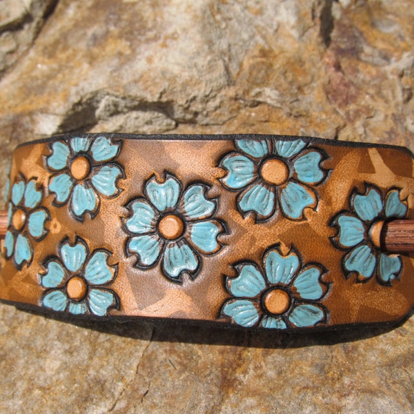 Leather hair barrette with stick - Floral design with two tone brown backdrop - Women Girl Kids - your choice of petal color