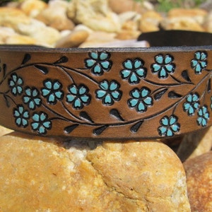 Hand Painted Tooled Leather Headband - Turquoise Floral Trailing Vine - Women - Chic Boho
