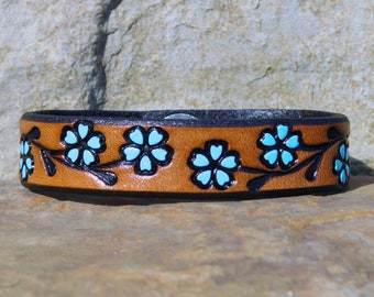Leather Bracelet for Women, Turquoise Flower Vine, Womens leather Cuff, Leather Wristband Bracelet Women, Gift for Her, 3rd Anniversary