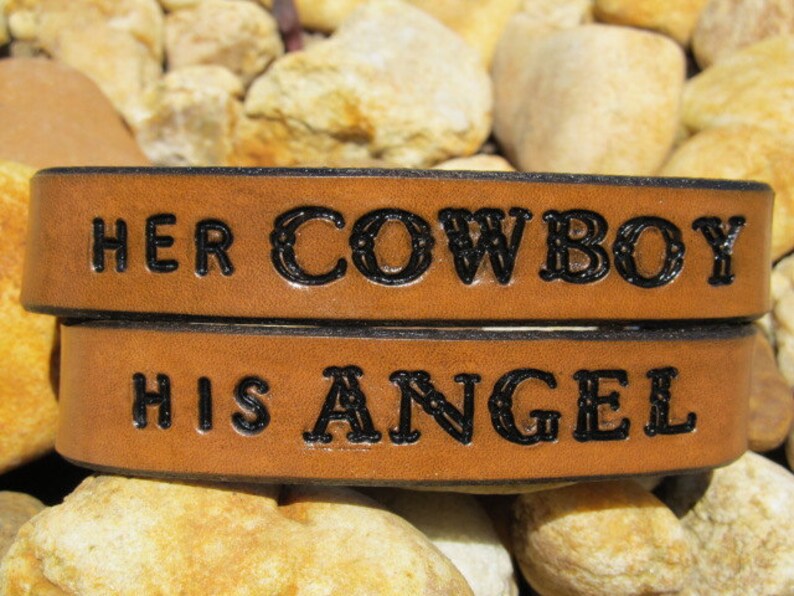 Her Cowboy His Angel - His Hers Hand Tooled Leather Bracelet Custom Personalized Cuff - Set of Two, Pair of Bracelets - Snap 