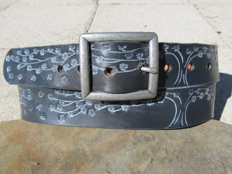 Leather Dog Collar, Whimsical Soft Black Floral Tree With Hidden Bird, Girl or Boy Dog, Custom Personalized Collar, Large Dog Breed Collar image 1