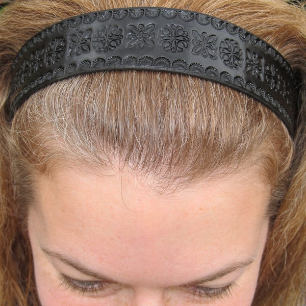 Leather Headband Tooled Black Celtic Flowers, Wide, Black or your choice of stain, Women's Headband