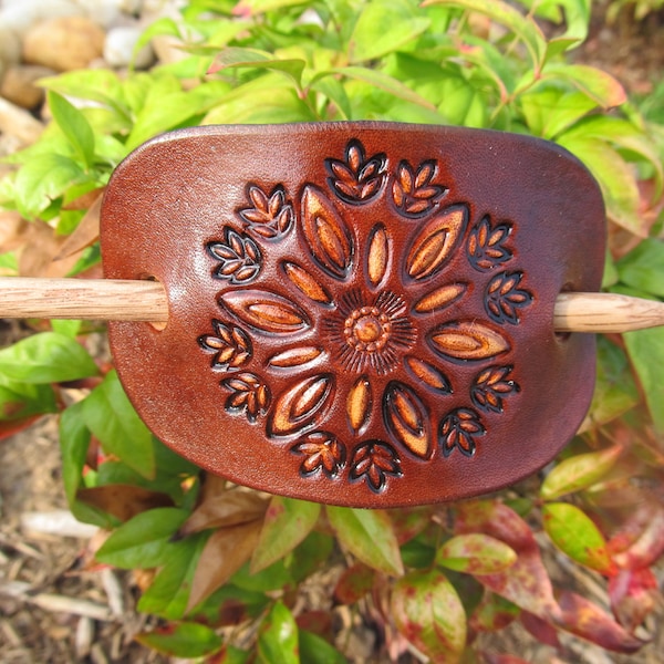 Leather Tooled Hair Barrette with stick - Two Tone Snowflake Flower
