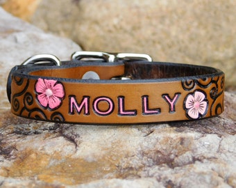 Small Dog or Pet Collar, Leather Dog Collar, Handmade Leather Collar, Thin 1/2 Inch Wide Collar, Scroll Flower, Cat Collar, Small Pet Collar