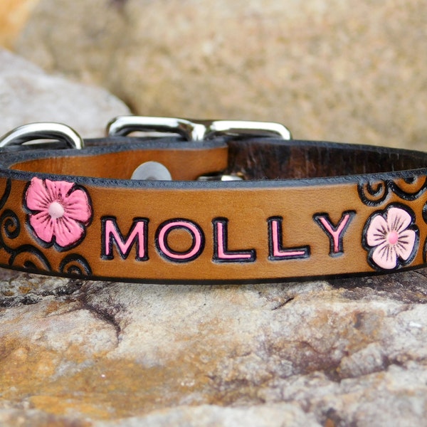 Small Dog or Pet Collar, Leather Dog Collar, Handmade Leather Collar, Thin 1/2 Inch Wide Collar, Scroll Flower, Cat Collar, Small Pet Collar