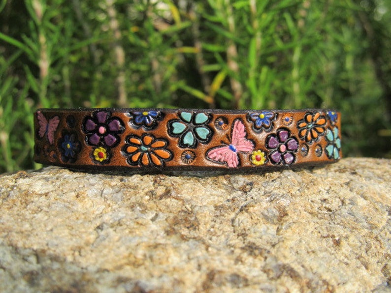 Leather Bracelet for Women, Womens leather cuff bracelet, Custom Leather Wristband, 3rd Anniversary Gift Colorful Petite Flowers Butterflies image 1