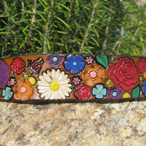 Leather Headband, Dasies, Roses, Butterfly Colorful Wide Hand Painted Tooled Leather Headband - Flowers