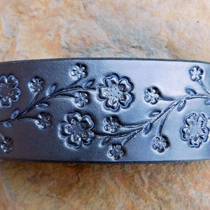 Sarah's Artistry, Hand Painted Tooled Leather Cuff Bracelet, Wide, Cherry Blossom Floral Vine, Gift for Women Girls, 3rd Anniversary, Snap image 7