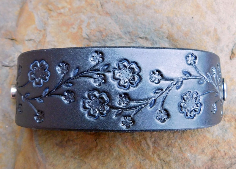 Sarah's Artistry, Hand Painted Tooled Leather Cuff Bracelet, Wide, Cherry Blossom Floral Vine, Gift for Women Girls, 3rd Anniversary, Snap image 7